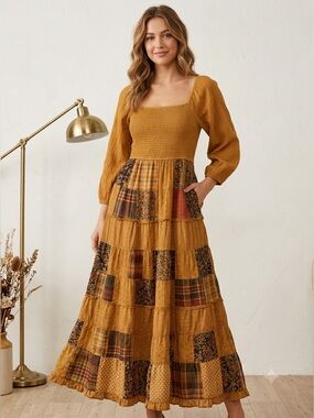 NWT Young Threads Mustard Patchwork Boho Maxi Dress Size Medium